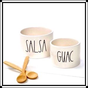 Rae Dunn SALSA & GUACAMOLE Serving Bowl Set + 2 Wooden Spoons NIB
